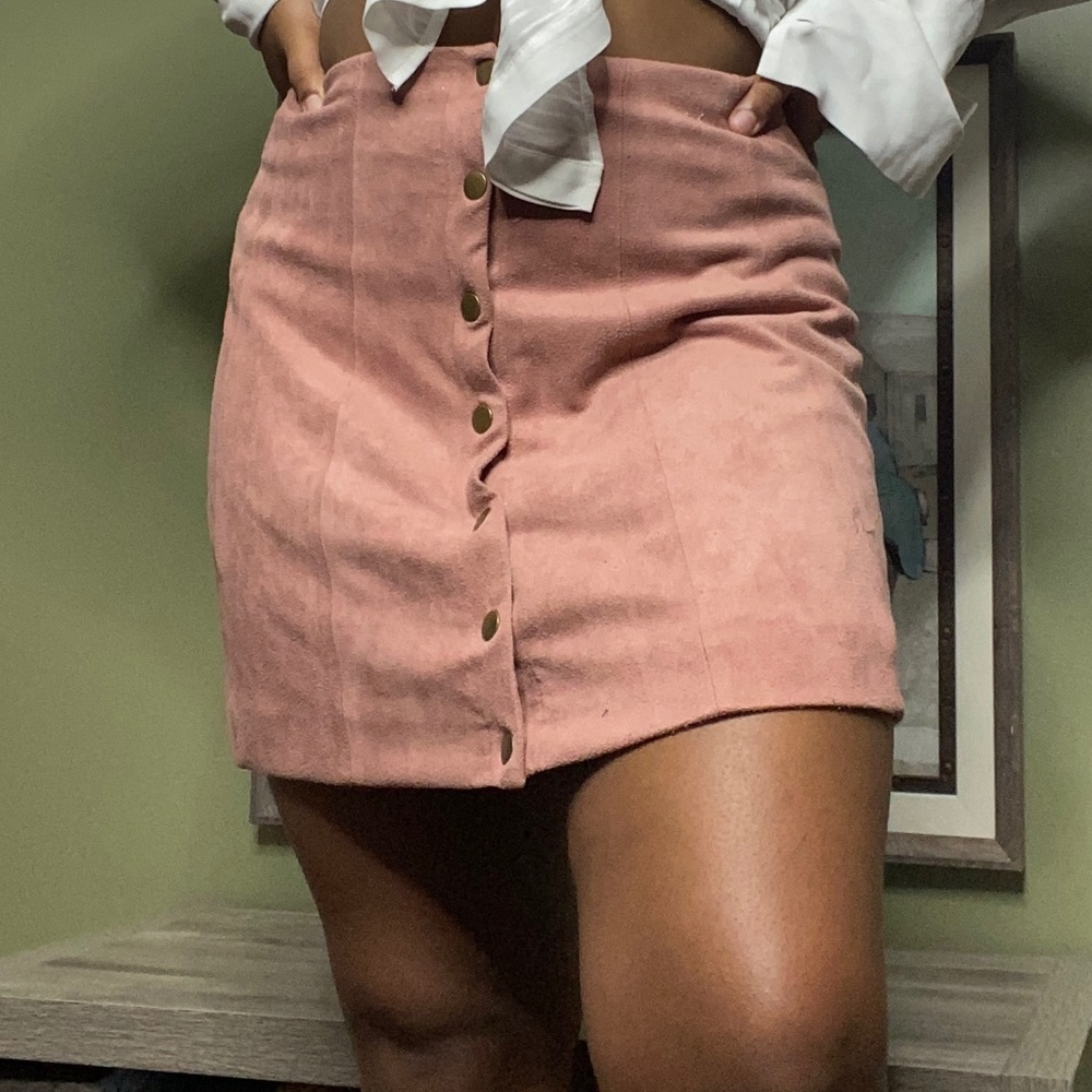 Pink velvet button up skirt